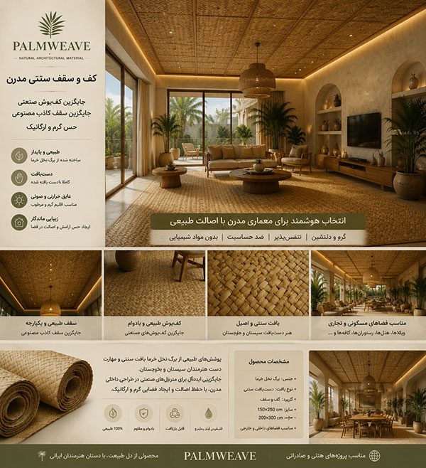 پوشش طبیعی برگ نخل خرما برای سقف و کف لابی تالار لوکس با طراحی معماری پایدار