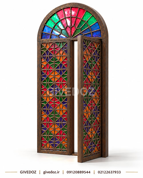 درب ارسی سنتی گره چینی با رنگ گردویی و طرح هندسی