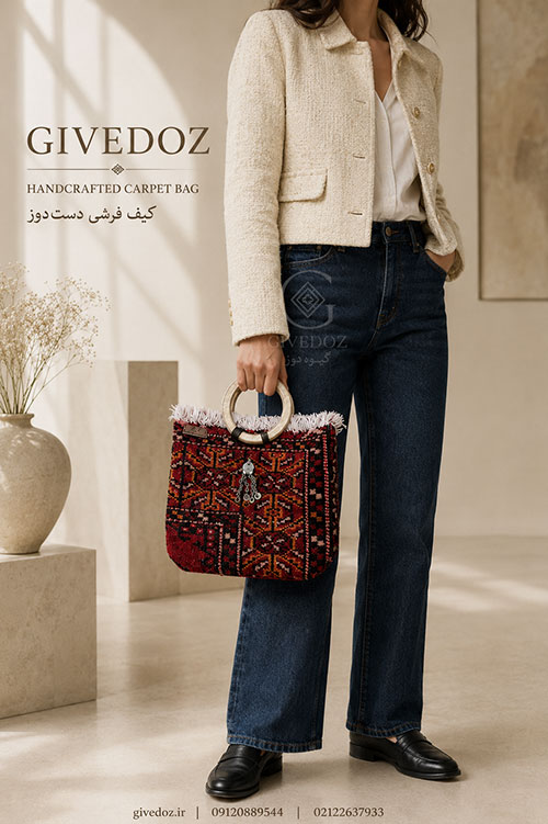 Persian artisan handbags with wooden and leather handles on white background