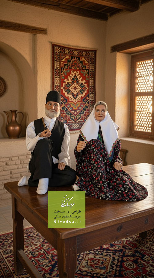 مجسمه دست ساز پیرمرد با عصا و پیرزن با چادر ایرانی