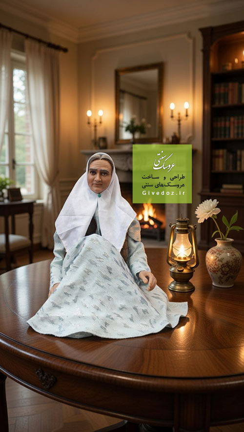 عروسک دست ساز پیرزن ایرانی با روسری سفید و پیرمرد ریش سفید