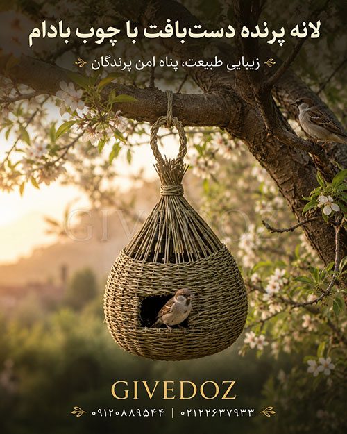 لانه پرنده دستبافت با چوب درخت بادام آویزان از شاخه همراه گنجشک